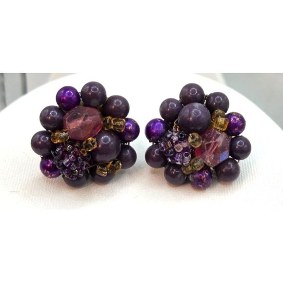 Vintage Purple Cluster Clip-On Earrings W/ Beaded Design & Faceted Accents - Picture 1 of 2